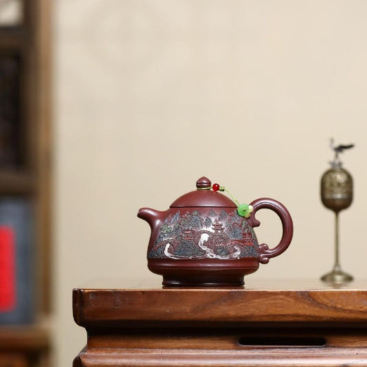 Misty Clouds Ancient Pavilion Yixing Teapot - Stone Red Clay 250ml