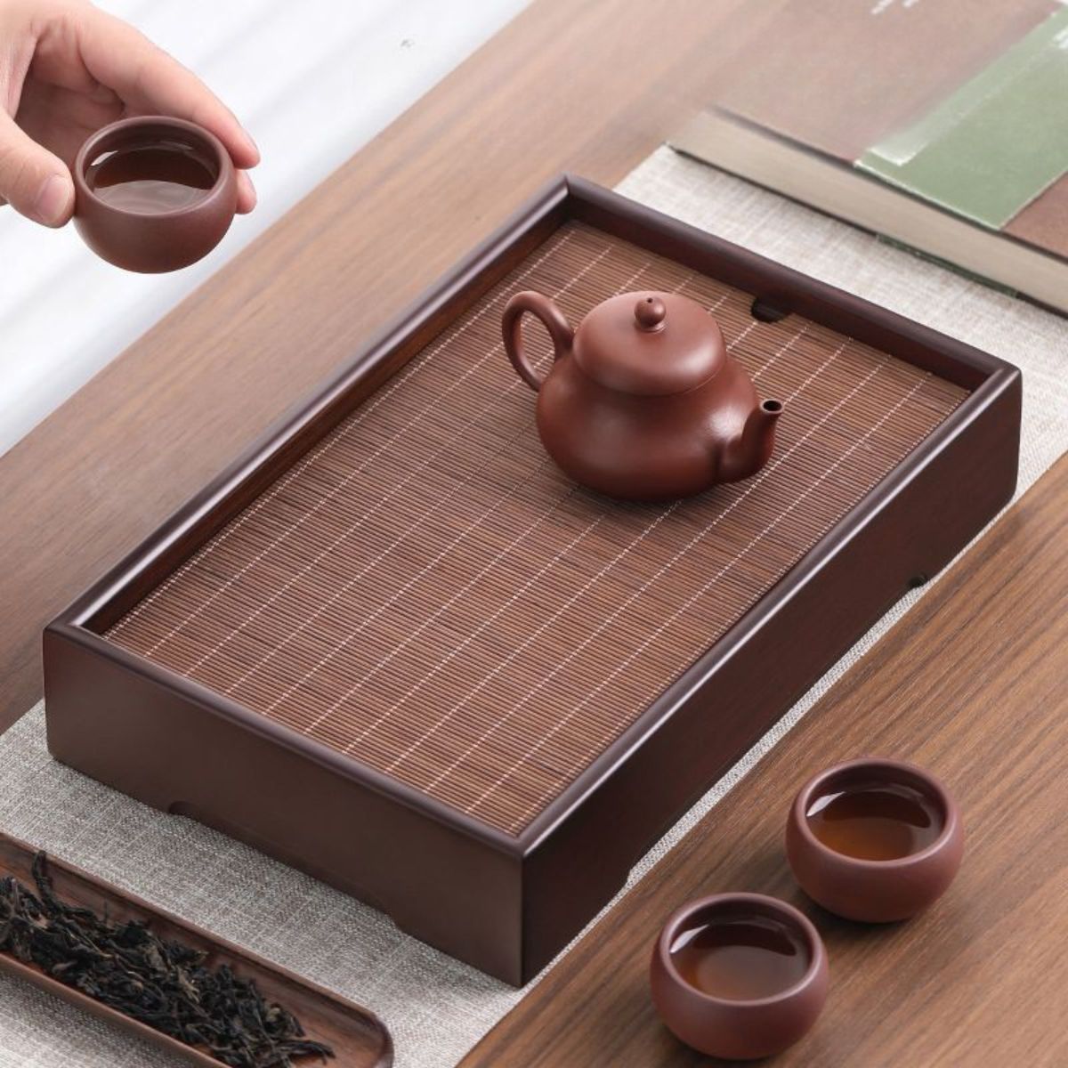 Moso Bamboo Tea Tray with Reversible Mat — Dual-Use Gongfu Tea Board