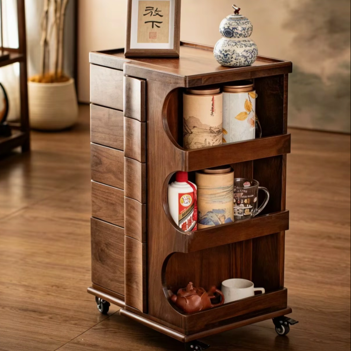 Exquisite Rotary Multi-Function Black Walnut Solid Wood Storage Cabinet – Elegant, Practical & Cleverly Designed