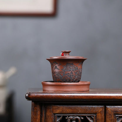Yixing Purple Clay Gaiwan "Mountain View" 200ml - Di Cao Qing Clay Three-Piece Set
