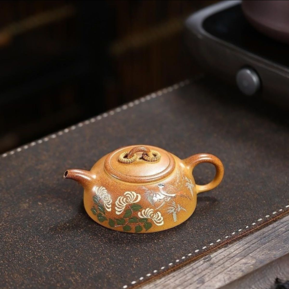 Yixing Purple Clay Teapot "Birds & Flowers Double Ring" 190ml - High-Fired Duan Ni with Clay Painting