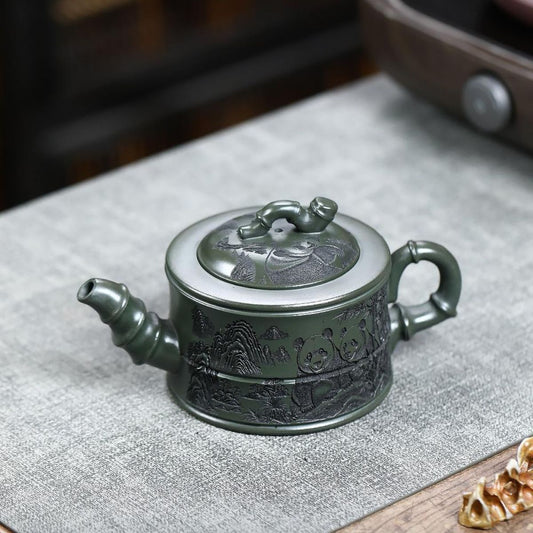 Handmade Yixing Purple Clay Teapot 260ml - Original Dark Green Clay Panda Bamboo Zisha Gongfu Tea Pot