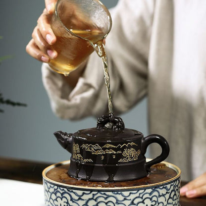 Handmade Yixing Purple Clay Teapot 225ml - Original Black Gold Clay Dragon Court Zisha Gongfu Tea Pot