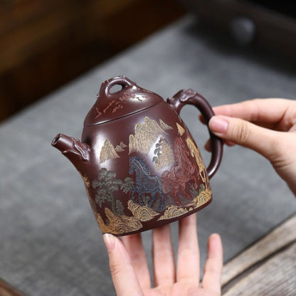 Yixing Purple Clay Teapot "Immediate Success" 280ml - Hand-Painted Stone Red Clay