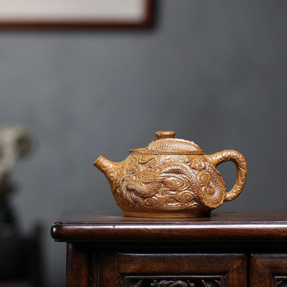 Handmade Yixing Purple Clay Teapot 380ml - Wood-Fired Dragon Bone Gold Sand Coiling Dragon Xi Shi Gongfu Tea Pot