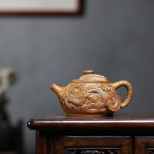 Handmade Yixing Purple Clay Teapot 380ml - Wood-Fired Dragon Bone Gold Sand Coiling Dragon Xi Shi Gongfu Tea Pot