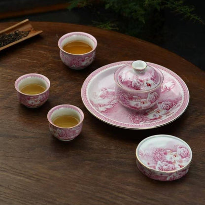 Jingdezhen Agate Ruby Red Snow Landscape Gongfu Tea Set – Overglaze Famille Rose | Gift Box | 5-Piece