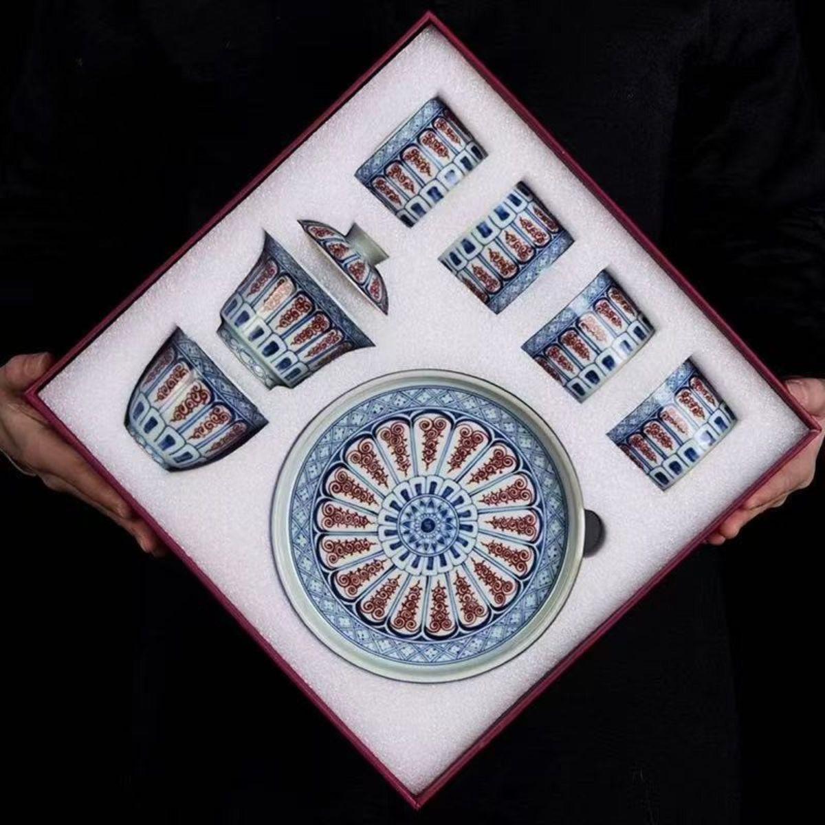 Jingdezhen Antique Clay Tea Set | 8-Piece Red Scroll Pattern Gaiwan Gift Box 120ml