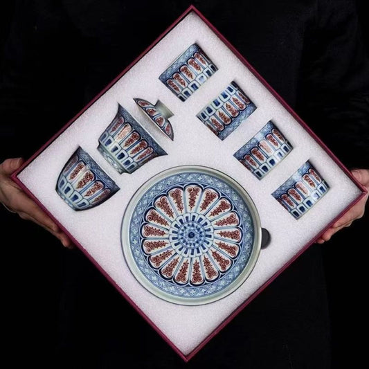 Jingdezhen Antique Clay Tea Set | 8-Piece Red Scroll Pattern Gaiwan Gift Box 120ml