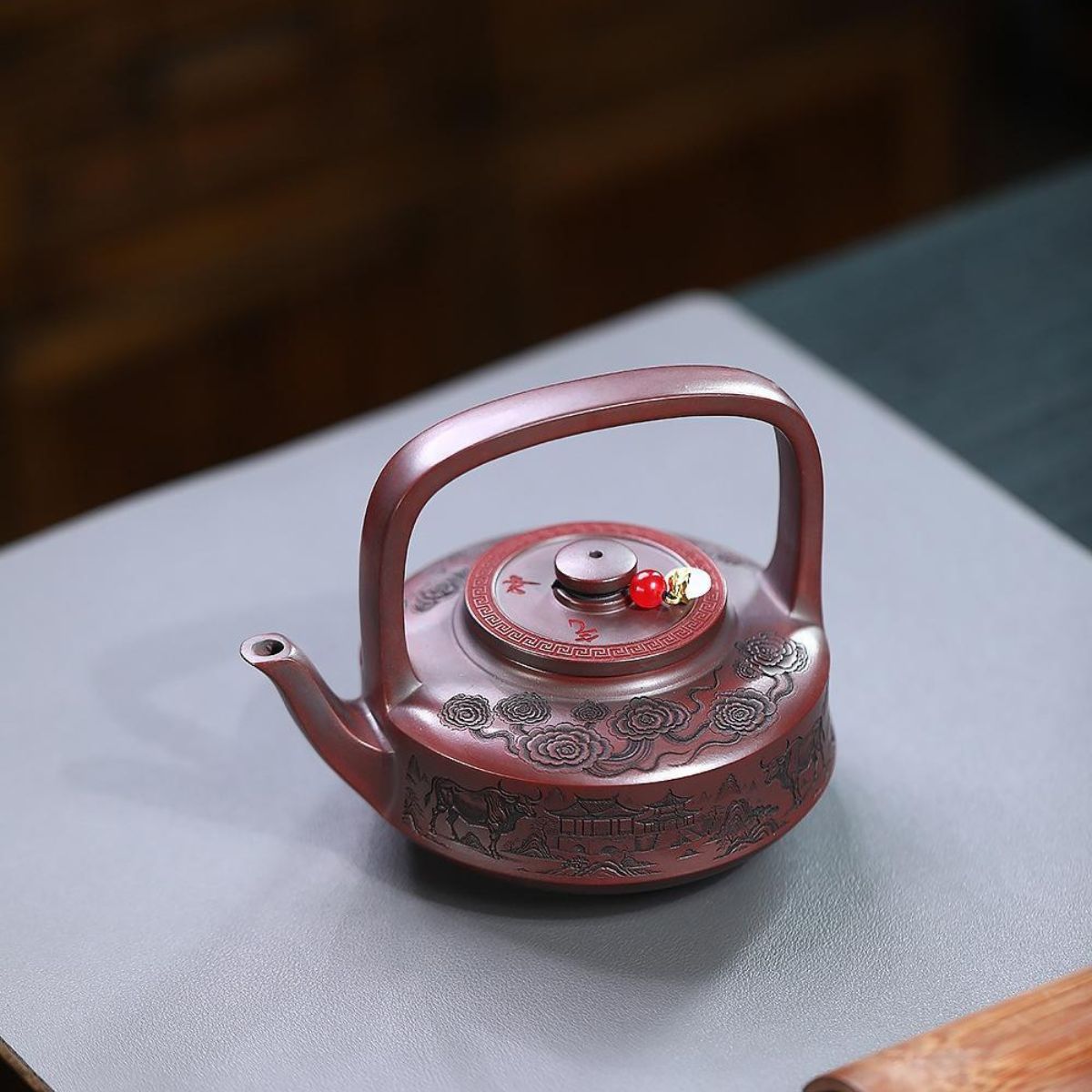 Soaring Bull Spirit Handled Yixing Teapot - Ancient Black Clay 300ml