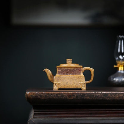 Dragon Bone Square Vessel Yixing Teapot - Wood-Fired Longgu Golden Sand 260ml