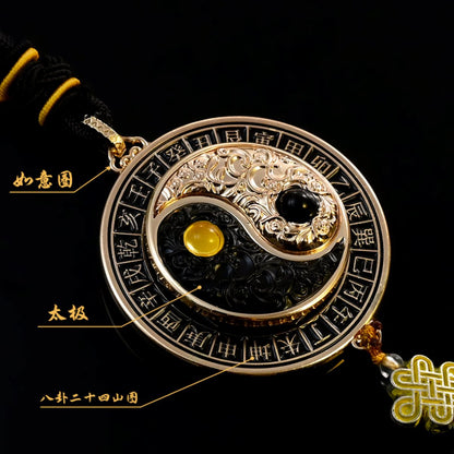 Rotating Bagua Compass Car Charm | Yin-Yang Ruyi Talisman for Safe Travels | Gold & Silver