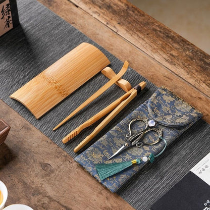 Zen Tea Ceremony Tool Set - 6-Piece Bamboo & Alloy Tea Utensil Kit with Storage Bag