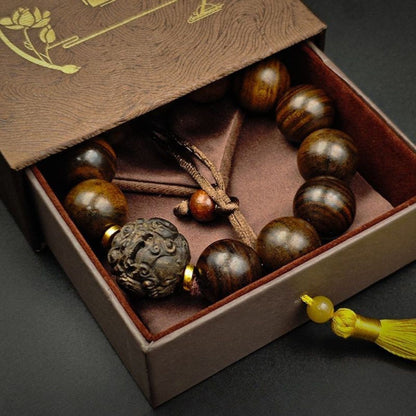 Pixiu Beaded Bracelet in Zitan-Style Wood | Wealth & Protection Talisman