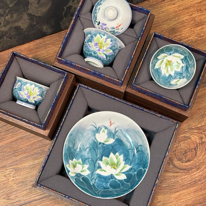 Lotus Pond Moonlight Hand-Painted Ceramic Tea Set – Gaiwan, Pu-erh Cup, Ruishi Cup & Dry Brewing Tray