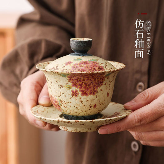 Blue & White Fire Stone Red Hydrangea Gaiwan Tea Set | Kiln-Fired Vintage Ceramic | Gaiwan & 2 Cups