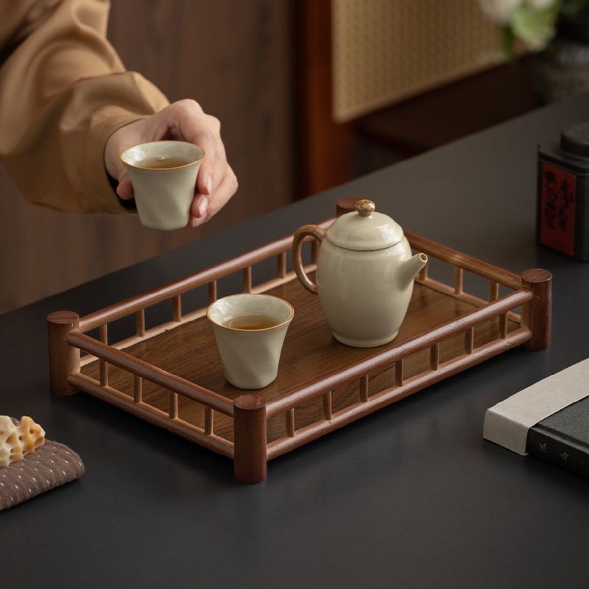 Bamboo Rectangular Serving Tray – Walnut Finish | Tea Tray, Pastry & Storage Organizer