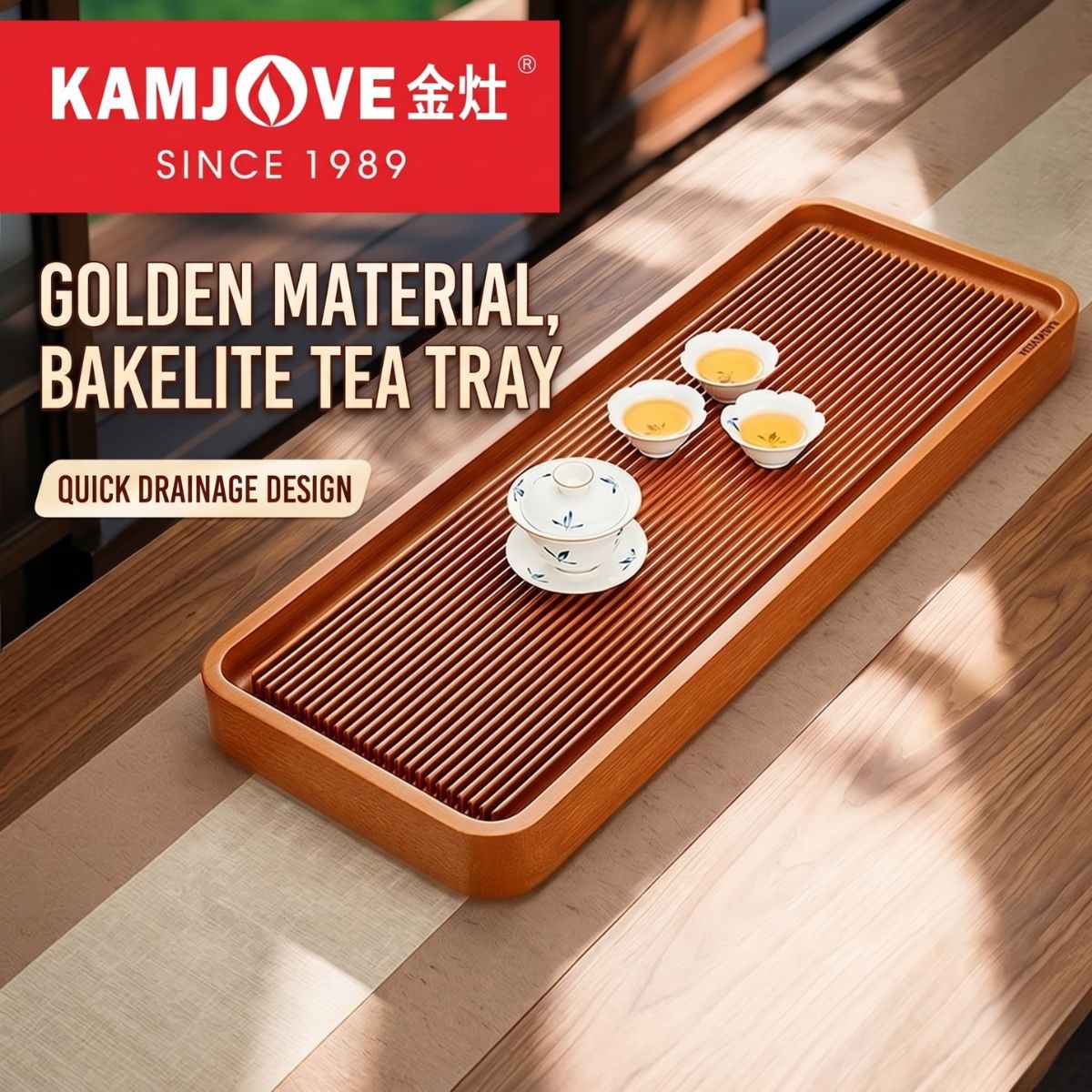 Kamjove Bakelite Tea Tray with Drainage System | 32-Count Cotton Board | No Paint No Wax — 3 Sizes