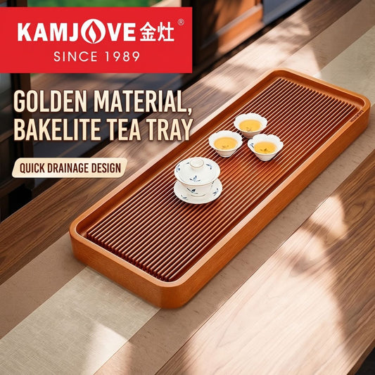 Kamjove Bakelite Tea Tray with Drainage System | 32-Count Cotton Board | No Paint No Wax — 3 Sizes