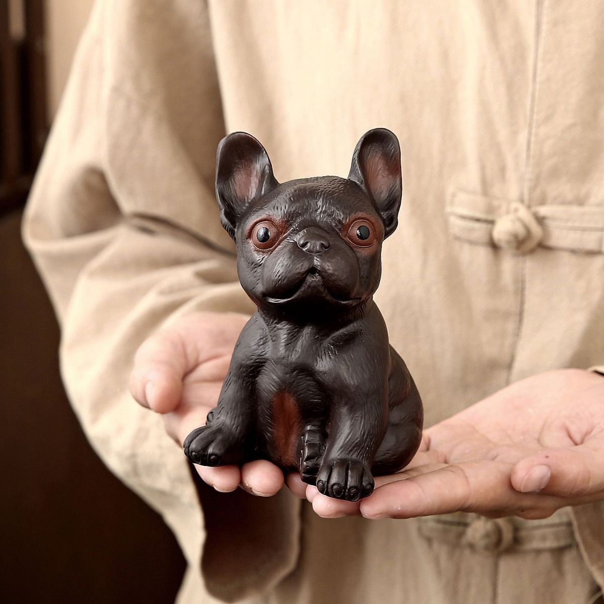 Purple Pottery Bulldog Tea Pet Figurine