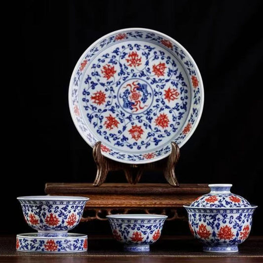 Jingdezhen Underglaze Red Gaiwan Tea Set | 5-Piece Lotus Ceramic Gift Box 150ml