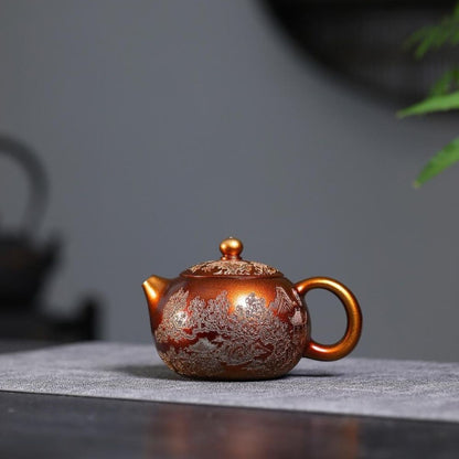 Golden Sand Elegant Scenery Xishi Teapot - Shell-Fired Stone Red Clay 320ml