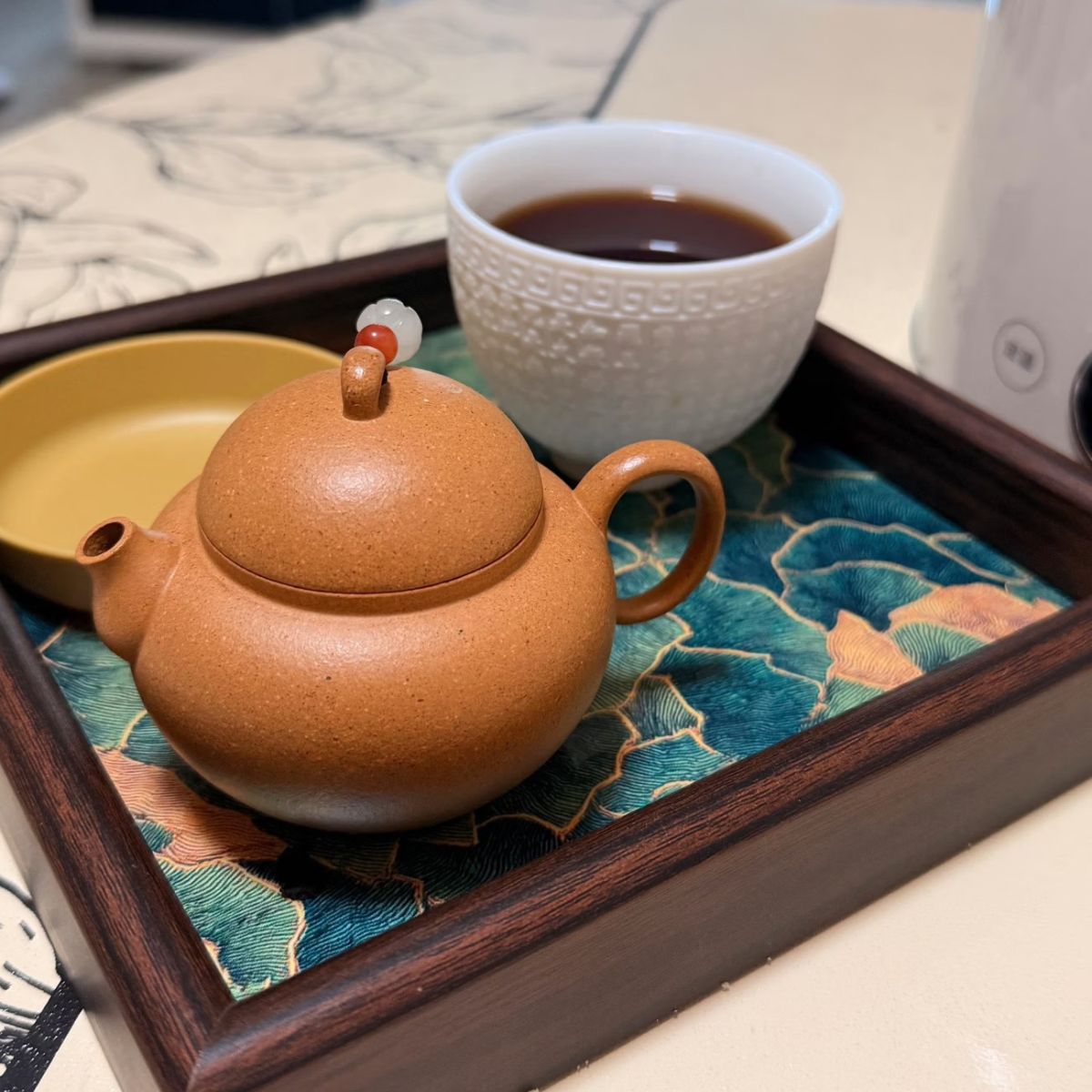 Qingyun Gold-Traced Art Tray Set of 2 – Square Botanical Pattern Tray for Tea Ceremony & Jewelry Storage (20cm)
