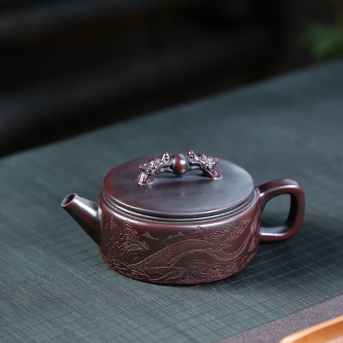 Shuang Long Xi Zhu Yixing Teapot | Raw Gu Wu Ni Ancient Dark Clay | Handcrafted 260ml