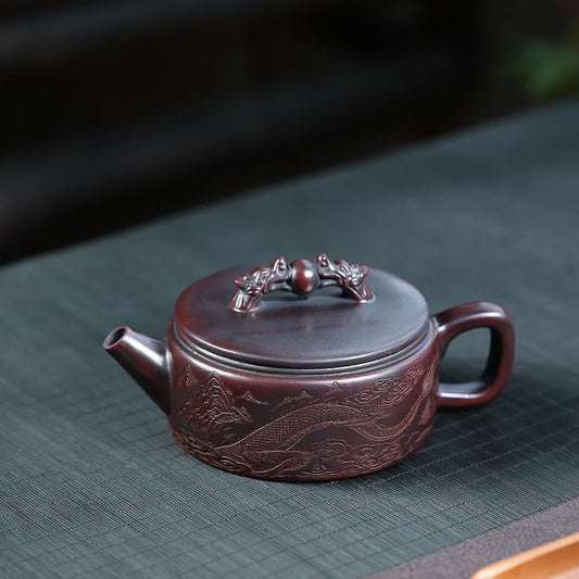 Shuang Long Xi Zhu Yixing Teapot | Raw Gu Wu Ni Ancient Dark Clay | Handcrafted 260ml