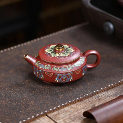 Yixing Purple Clay Teapot "Enamel Zhou Pan" 220ml - Red Dragon Skin Clay with Enamel Painting