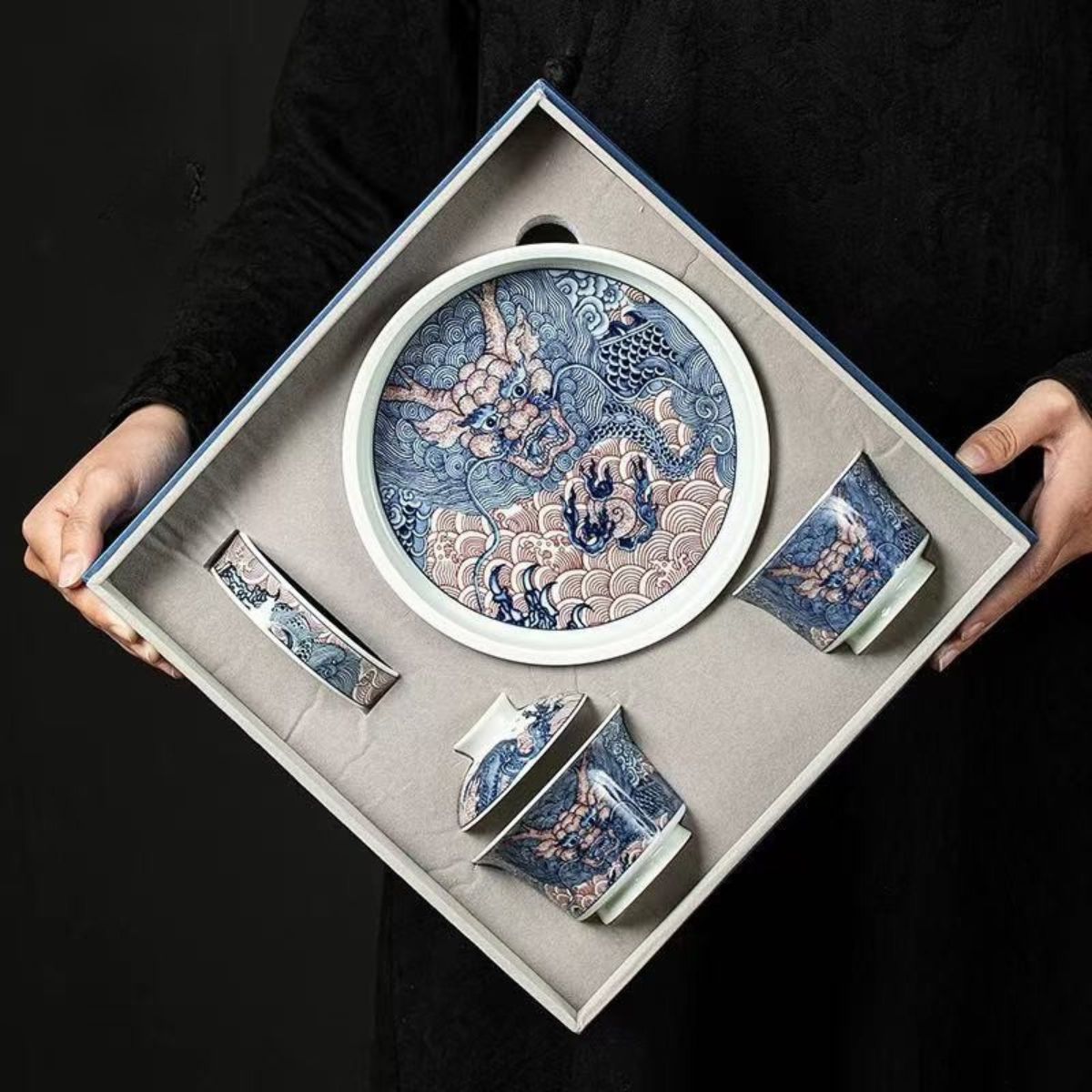 Blue & White Dragon Gaiwan Tea Set | 6-Piece Antique Clay Ceramic Gift Box 135ml