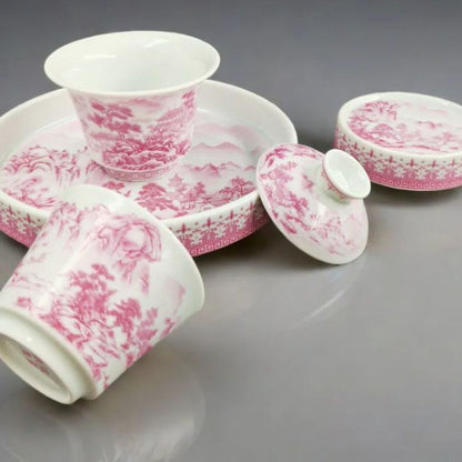 Jingdezhen High-Fire Famille Rose Mountain Stream Gongfu Tea Set – Gāo Shān Liú Shuǐ | 4-Piece