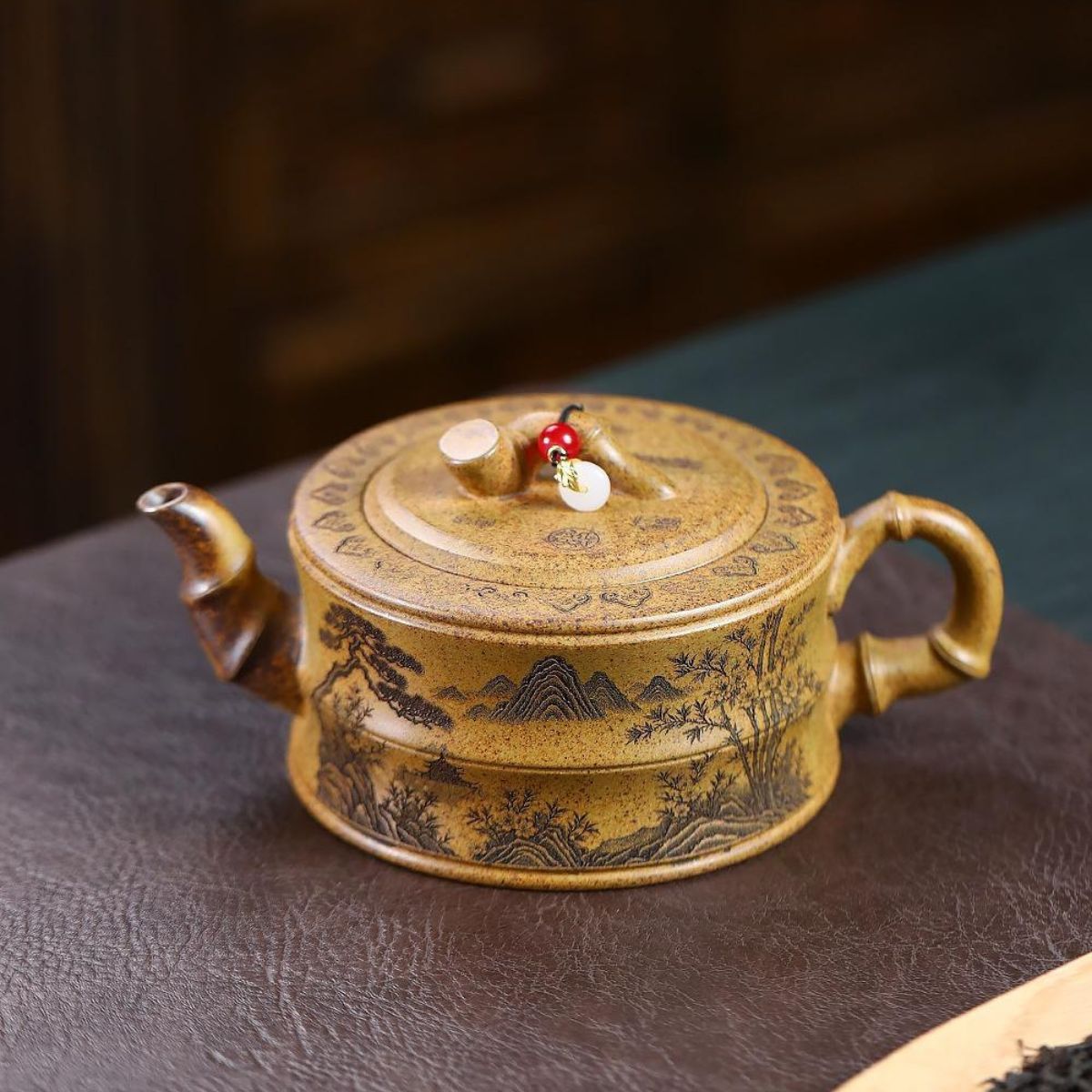 Rising Prosperity Bamboo Yixing Teapot - High-Temp Duanni Clay 380ml