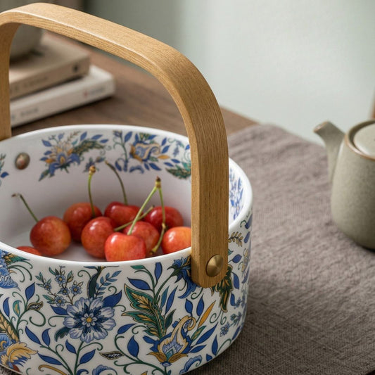 Chinese Iris Ceramic Basket – Decorative Handled Porcelain Basket | Black & White
