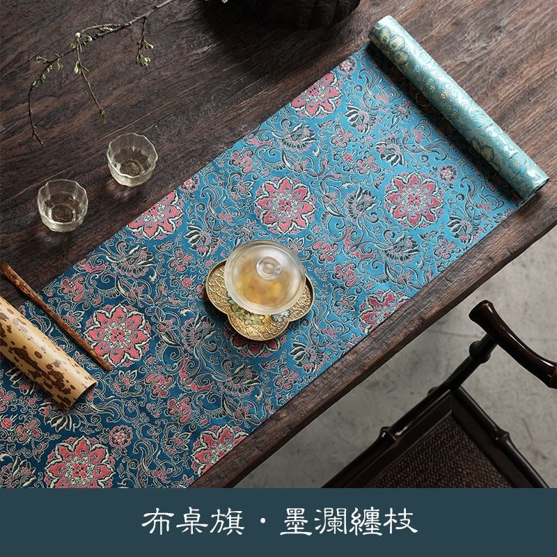 Chinese Double-Sided Brocade Lotus Table Runner – Tea Ceremony Cloth | Red & Blue Lotus on Blue (4 Sizes)