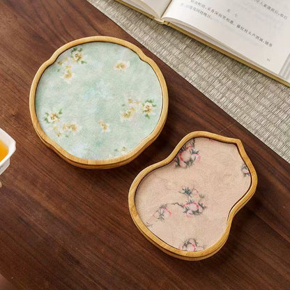 Bamboo Dry Brewing Tea Tray with Embroidered Cloth – 3 Shapes (Gourd / Begonia / Cloud)