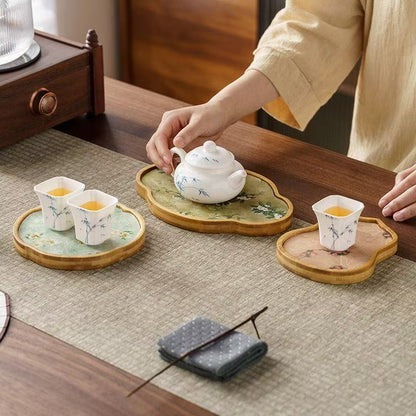 Bamboo Dry Brewing Tea Tray with Embroidered Cloth – 3 Shapes (Gourd / Begonia / Cloud)