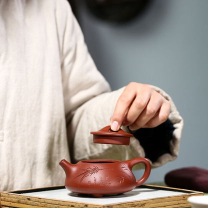 Handmade "Bamboo Shadow" Yixing Purple Clay Teapot 180cc with Certificate & Gift Box