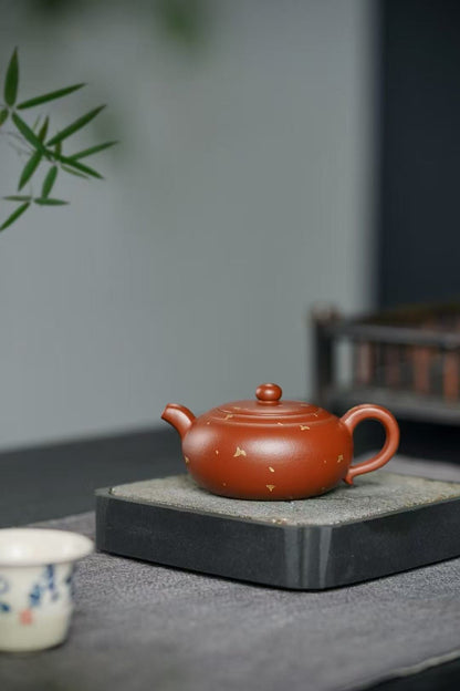 Premium Handcrafted Zisha Teapot – Vermilion Clay with Gold Leaf Accent (160ml)