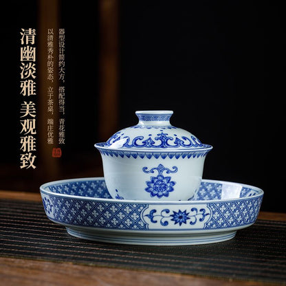 Jingdezhen Blue & White Porcelain Gaiwan Tea Set – Lotus Medallion Design (5-Piece Gift Box)