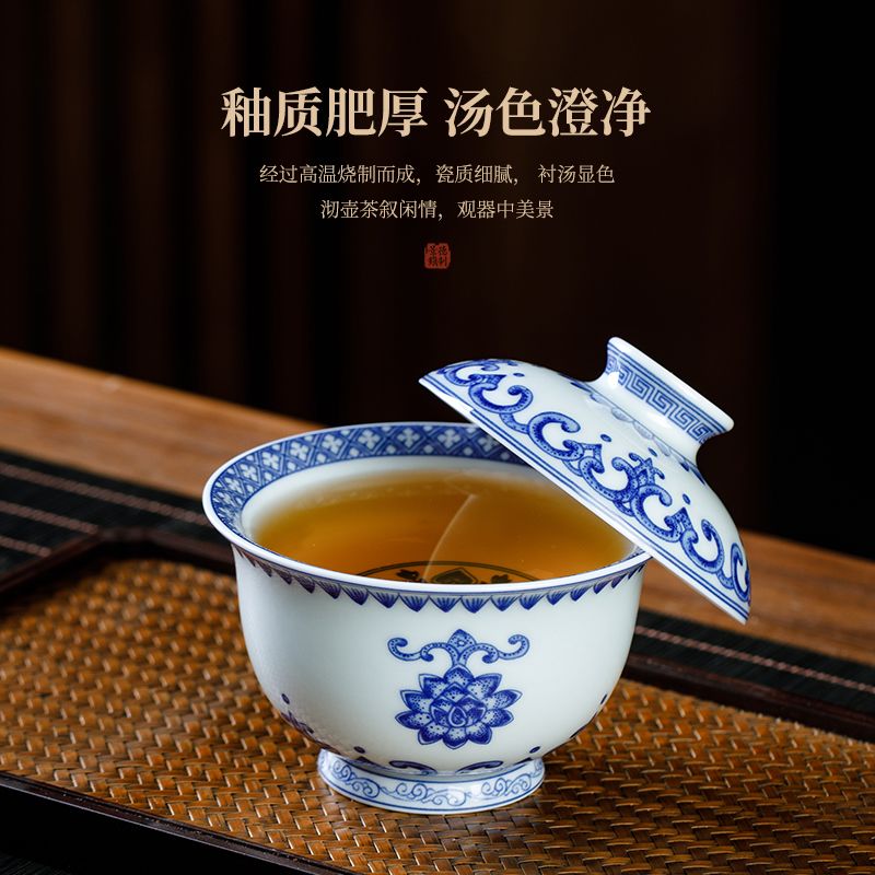 Jingdezhen Blue & White Porcelain Gaiwan Tea Set – Lotus Medallion Design (5-Piece Gift Box)