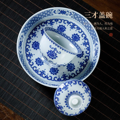 Jingdezhen Blue & White Porcelain Gaiwan Tea Set – Lotus Medallion Design (5-Piece Gift Box)