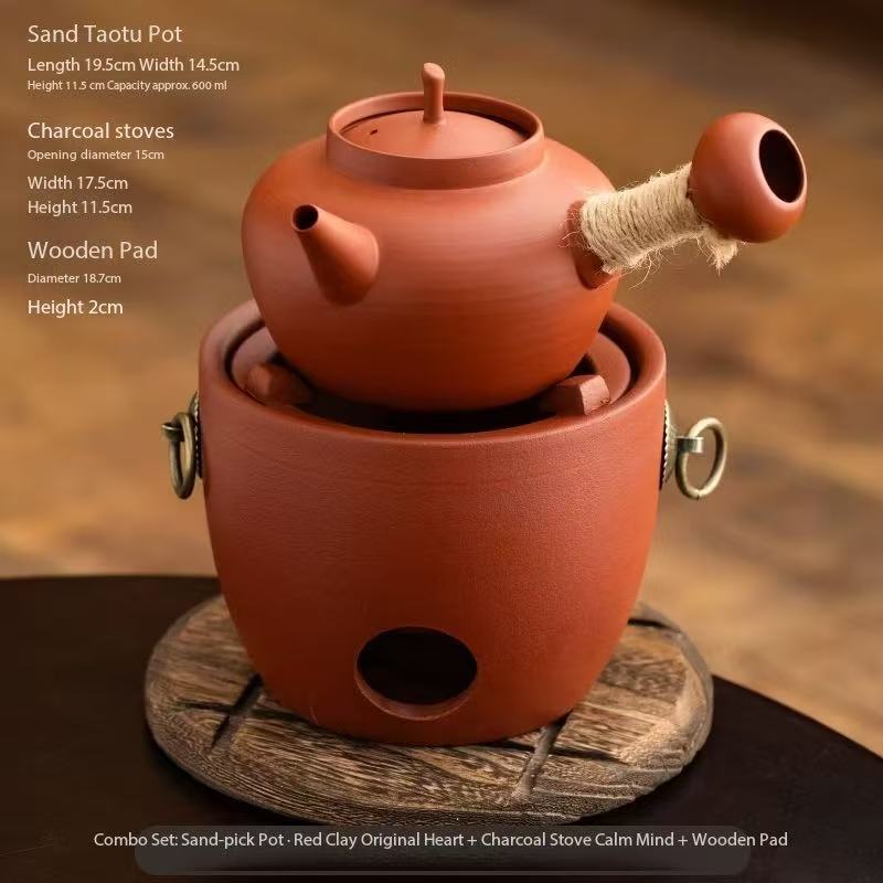 Red Clay Charcoal Tea Stove Set | Traditional Gongfu Sha Tiao Pot with Charcoal Brazier & Wooden Stand