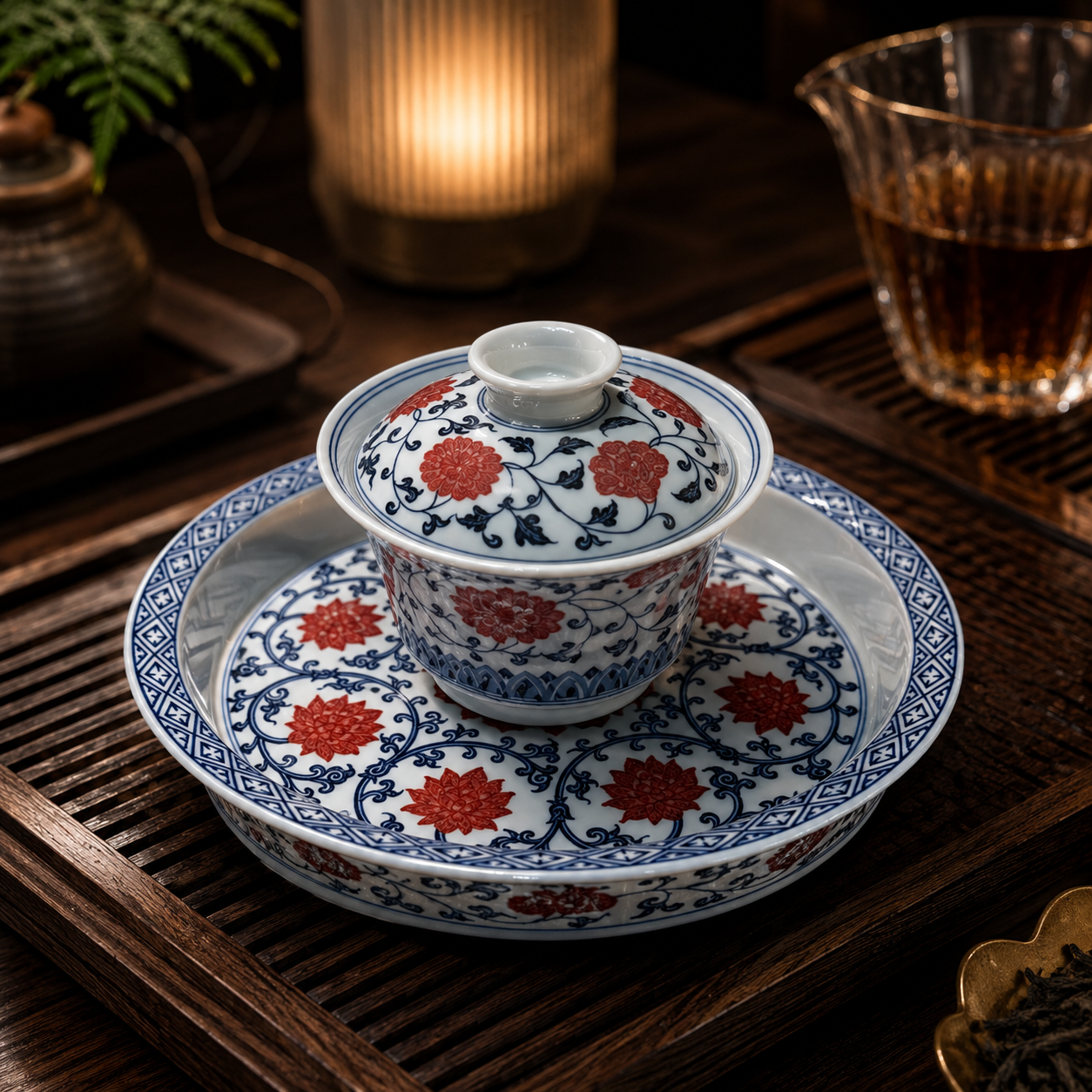Jingdezhen Wood-Fired Underglaze Red Tea Set | Hand-Painted Gaiwan, Grip Cup & Tea Tray — 3-Piece Collector's Set