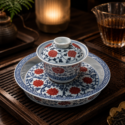 Jingdezhen Wood-Fired Underglaze Red Tea Set | Hand-Painted Gaiwan, Grip Cup & Tea Tray — 3-Piece Collector's Set