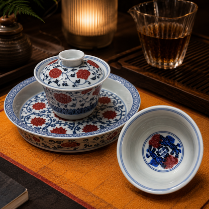 Jingdezhen Wood-Fired Underglaze Red Tea Set | Hand-Painted Gaiwan, Grip Cup & Tea Tray — 3-Piece Collector's Set