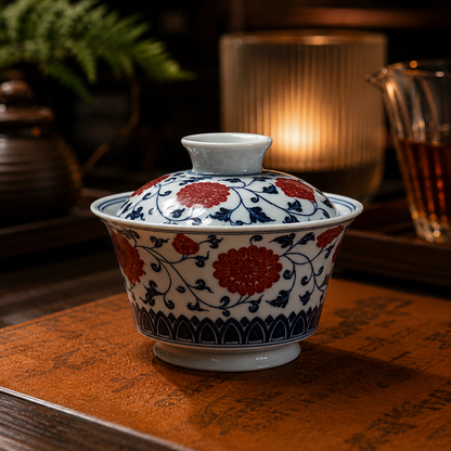 Jingdezhen Wood-Fired Underglaze Red Tea Set | Hand-Painted Gaiwan, Grip Cup & Tea Tray — 3-Piece Collector's Set