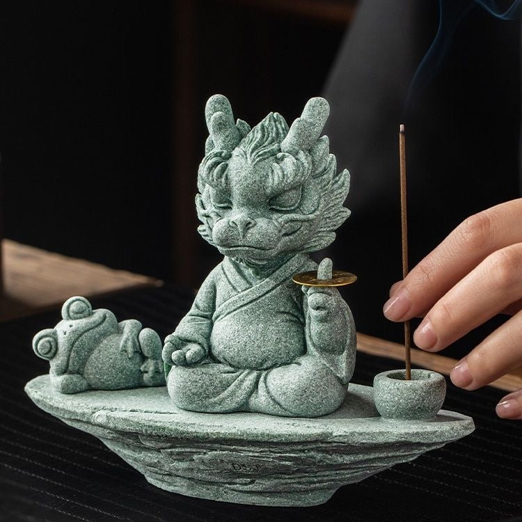 Green Sandstone Dragon Master Tea Pet & Incense Holder – Single or Set with Base