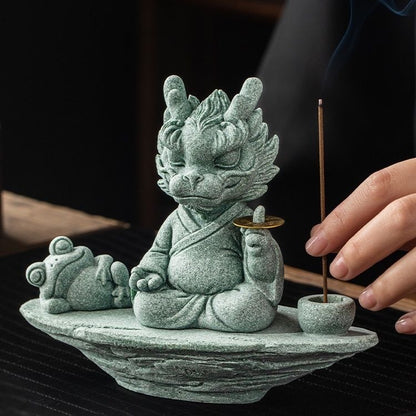 Green Sandstone Dragon Master Tea Pet & Incense Holder – Single or Set with Base