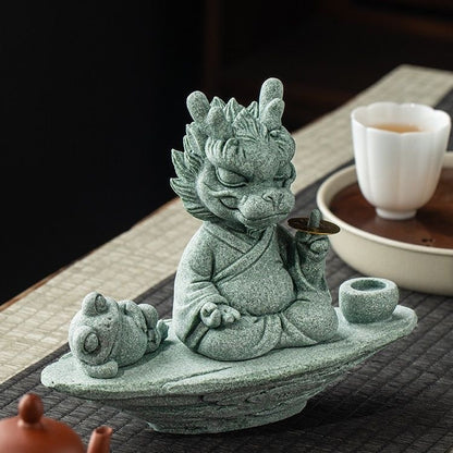 Green Sandstone Dragon Master Tea Pet & Incense Holder – Single or Set with Base